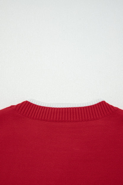 Fiery Red Contrast Trim Big Bow Accent Holiday Cropped Sweater