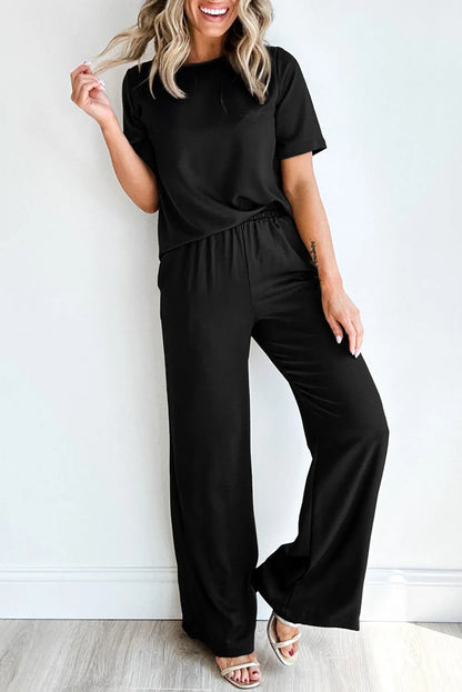 Black Solid Color T Shirt 2pcs Wide Leg Pants Set - Chic Meadow Boutique 