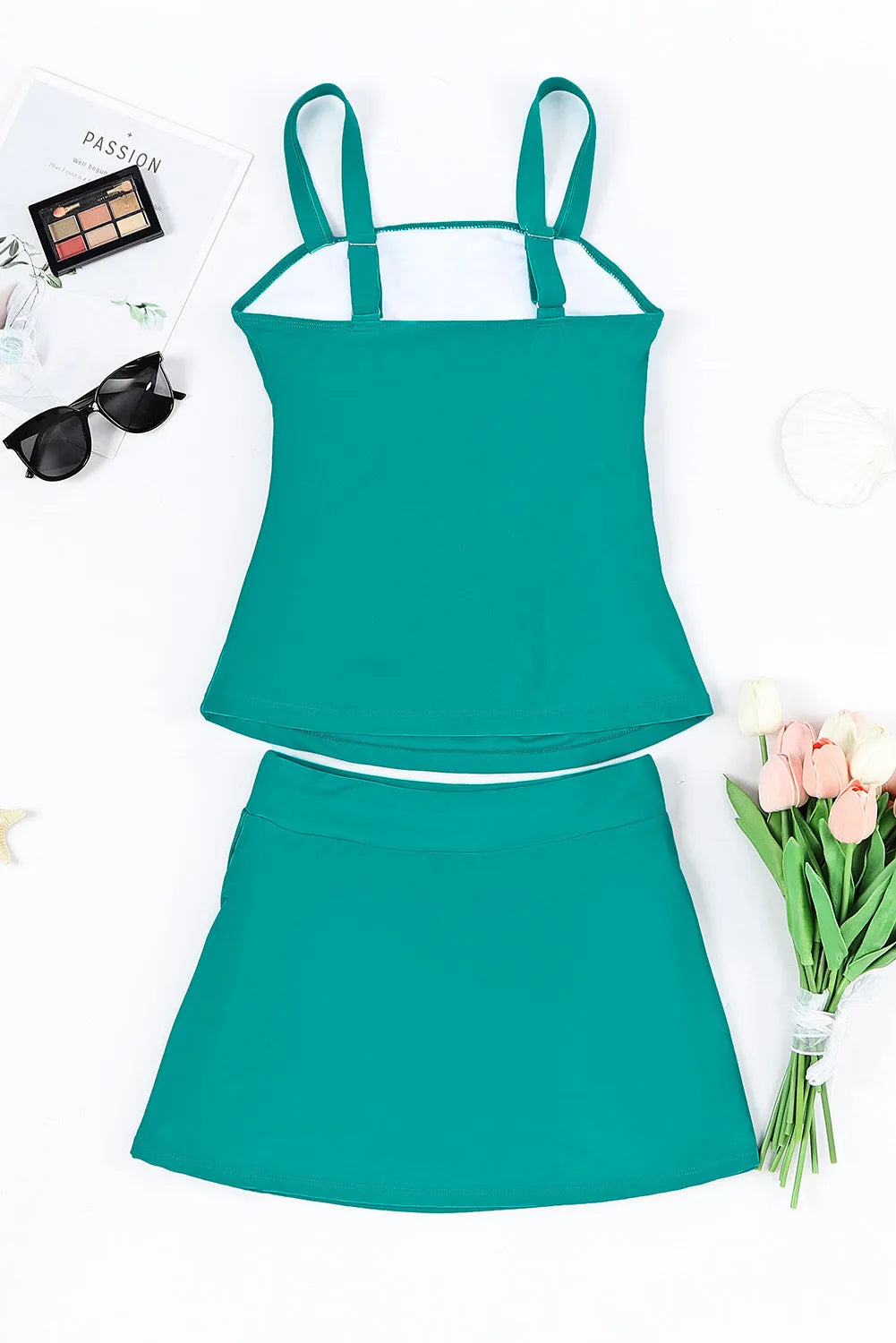 Green Solid Square Neck Sleeveless Tankini Swimsuit - Chic Meadow Boutique 