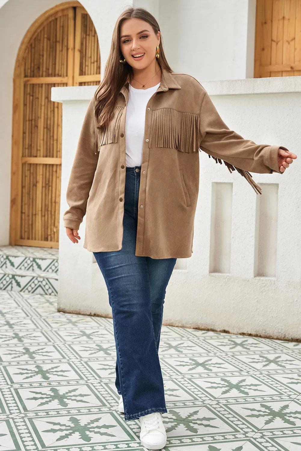 Plus Size/Plus Size Outerwear Khaki Fringe Trim Plus Size Suede Shacket