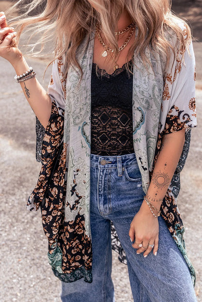 Green Boho Floral Print Irregular Hem Flowy Kimono - Chic Meadow Boutique 