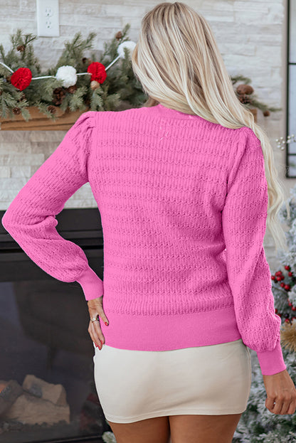 Bright Pink Trendy Pattern Knit Ribbed Cuffs Crew Neck Sweater