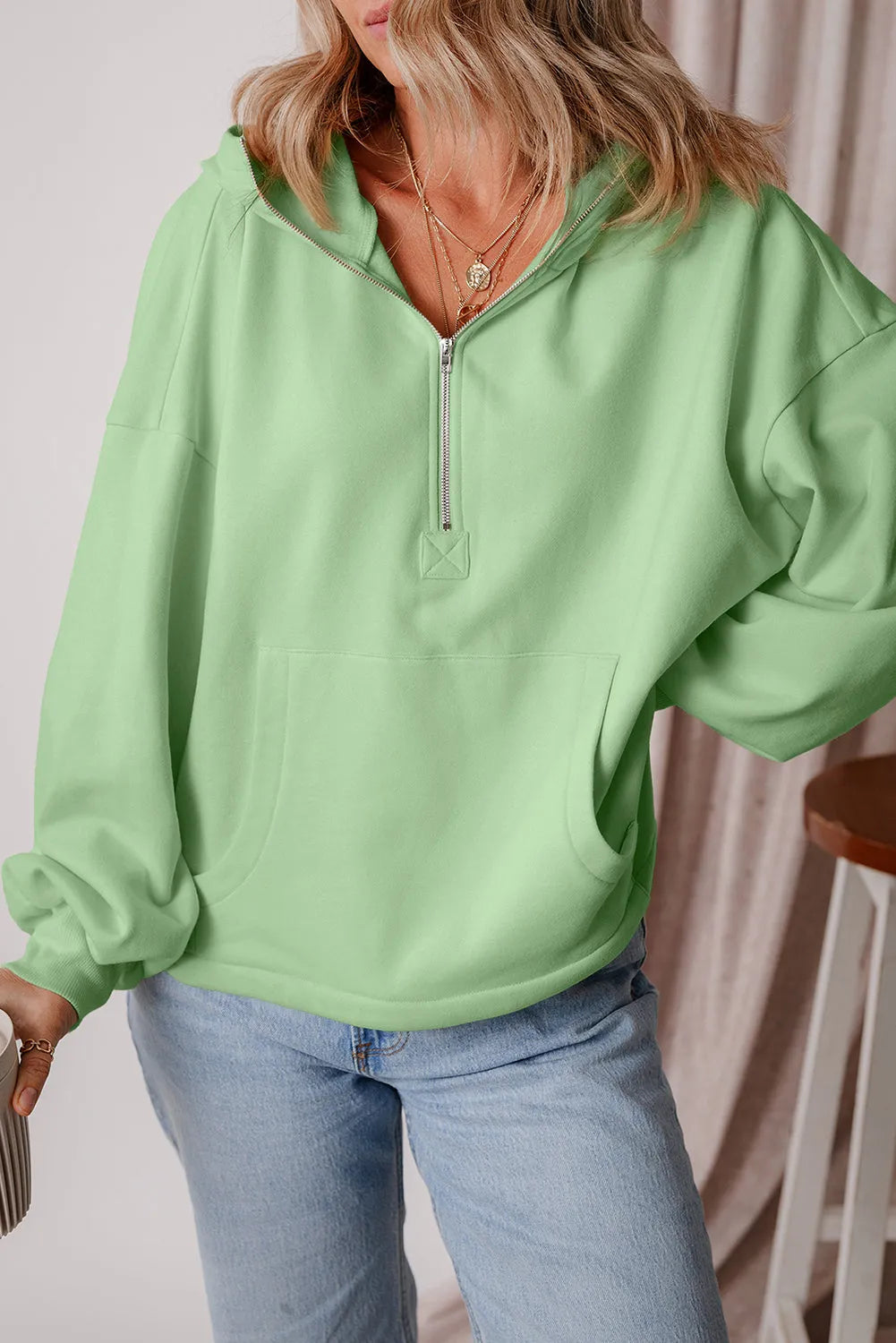 Smoke Green Fleece Lined Half Zipper Kangaroo Pockets Loose Hoodie - Chic Meadow Boutique 