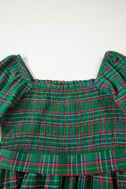 Green Tartan Plaid Square Neck Puff Sleeve Knot Waist Flared Midi Dress