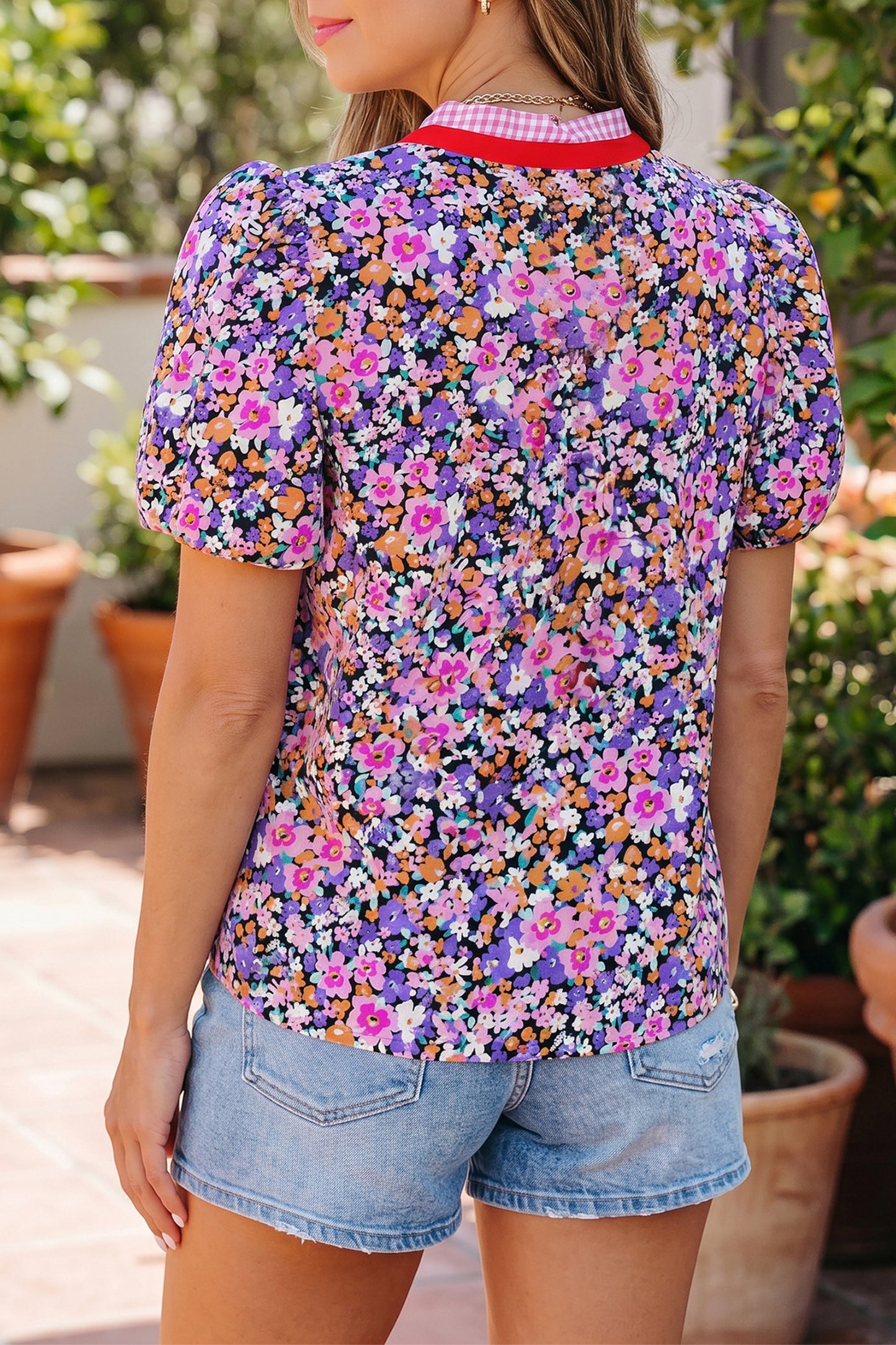 Purple Ditsy Floral Print Plaid Colorblock Trim V Neck Blouse