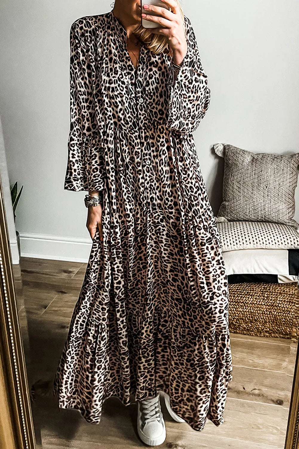 Apricot Leopard Print Tiered Wide Sleeve Maxi Dress - Chic Meadow Boutique 