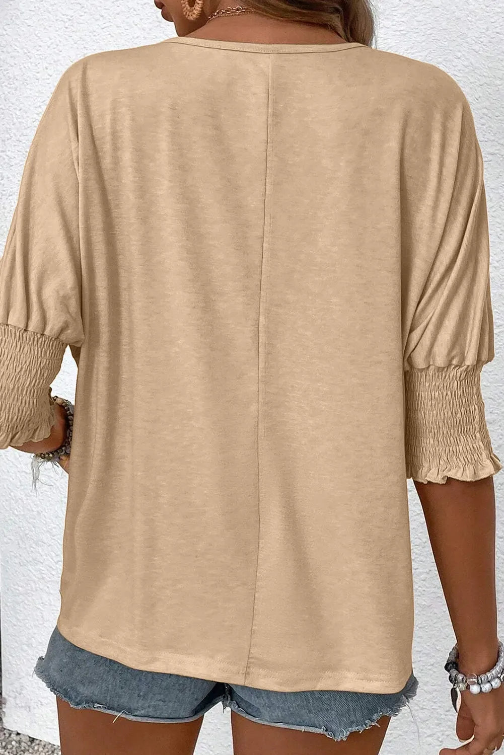 Apricot Plain Pleated Shirred Cuff Half Sleeve Top - Chic Meadow Boutique 