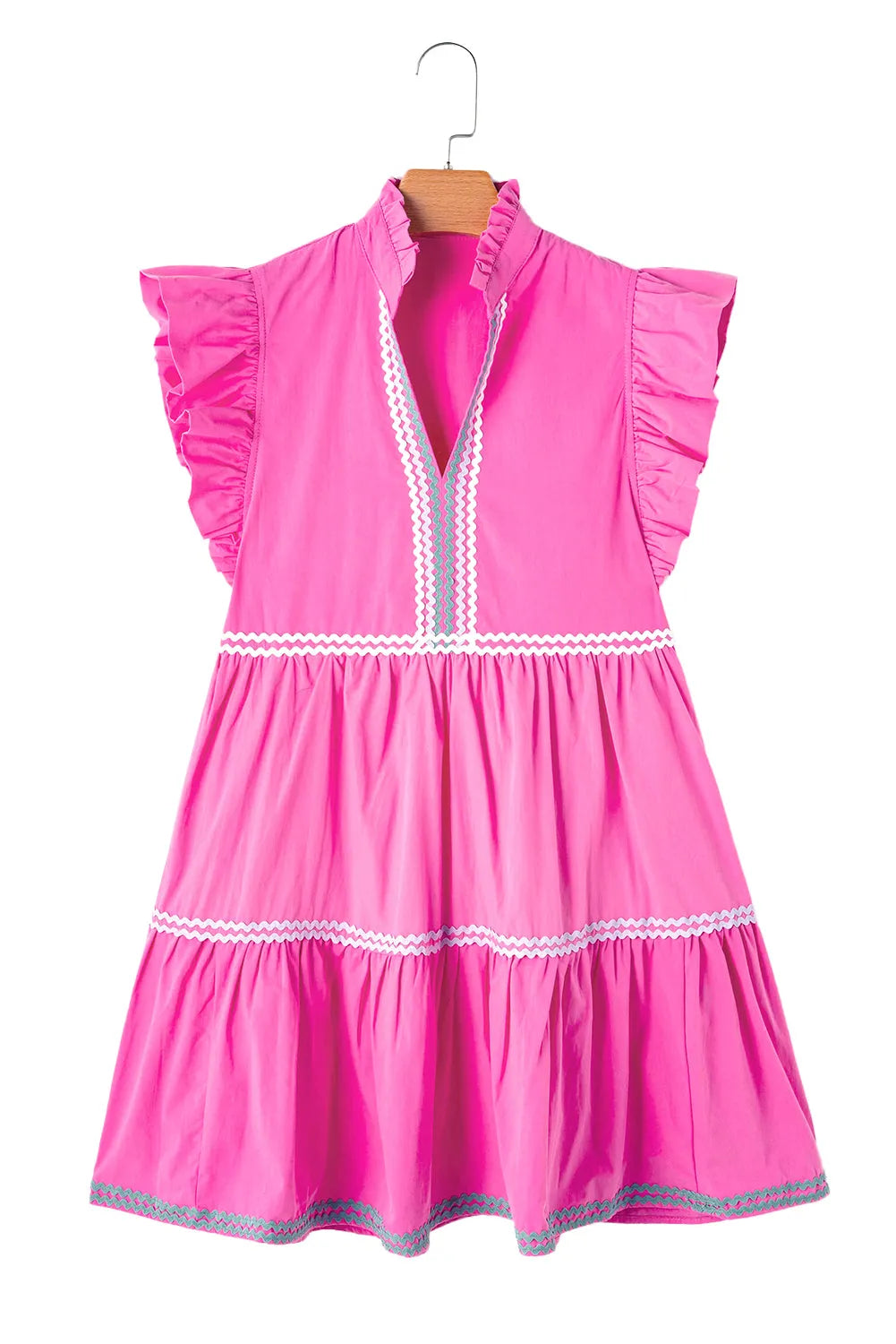 Strawberry Pink Ric Rac Colorblock Flutter Sleeve V Neck Tiered Dress - Chic Meadow Boutique 