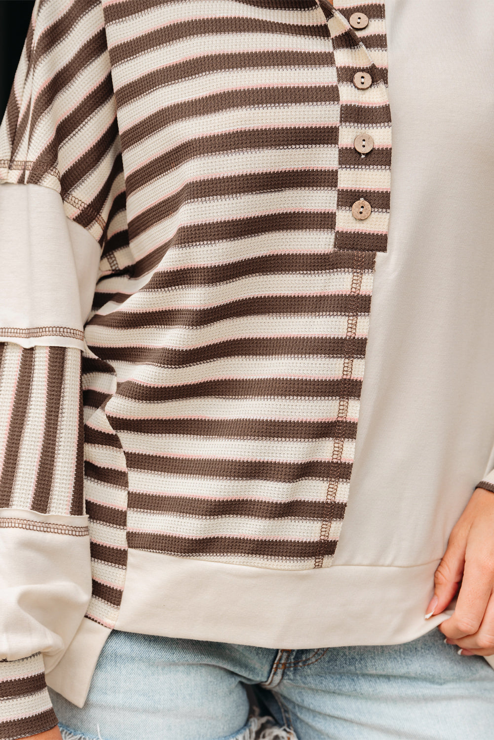 Khaki Stripe Stitched Detail Color Block Patchwork Oversized Pullover Top