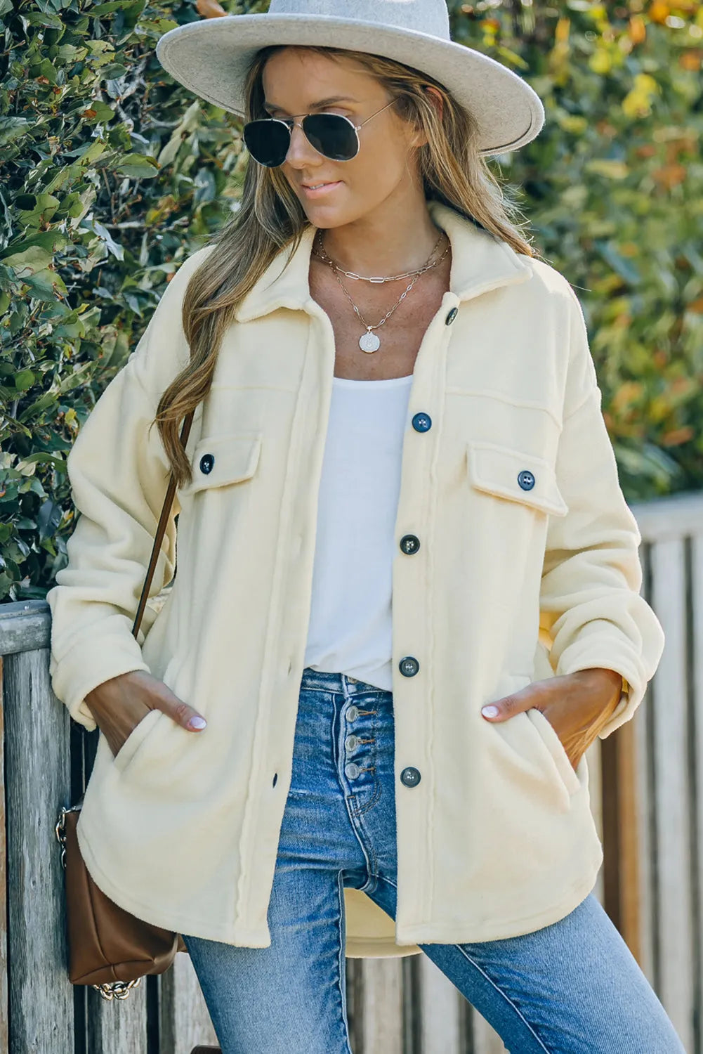 Beige Turn Down Collar Buttoned Shirt Jacket - Chic Meadow Boutique 