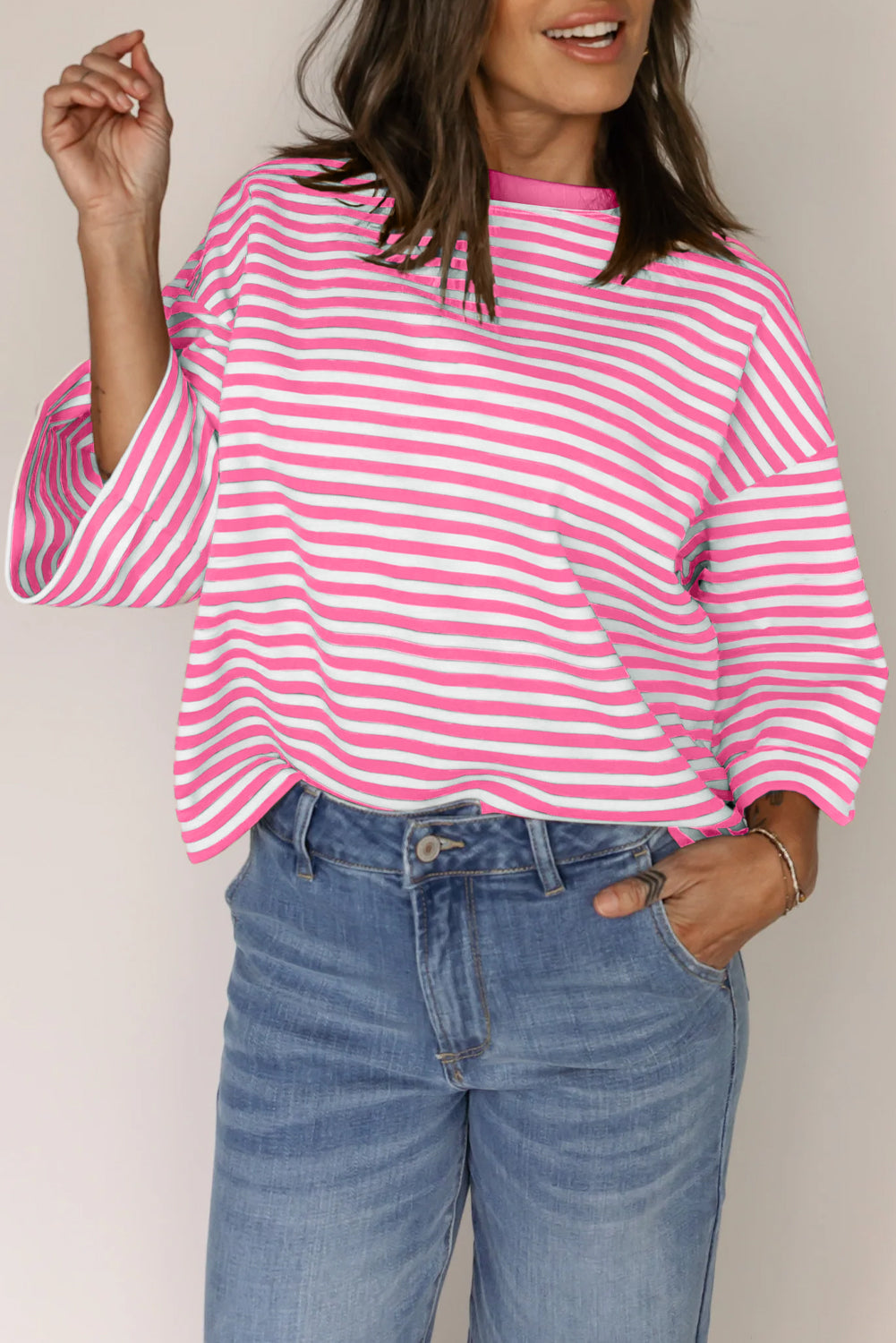 Pink Stripe Bowknot Cutout Back Drop Shoulder Wide Bracelet Sleeve Loose Tee