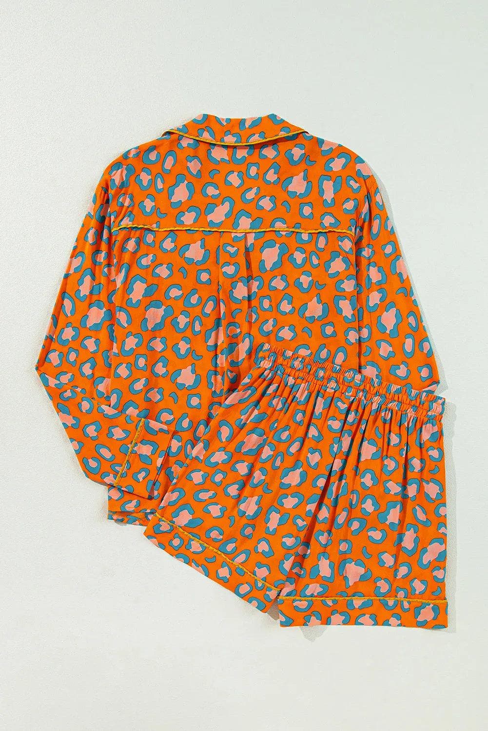 Loungewear & Sleepwear/Sleepwear Orange Leopard Print Long Sleeve Shirt and Shorts Pajama Set