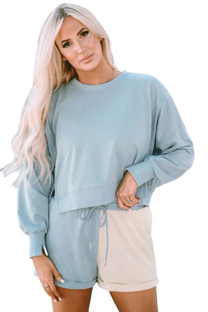 Sky Blue Split Hem Sweatshirt Color Block Shorts Set - Chic Meadow Boutique 