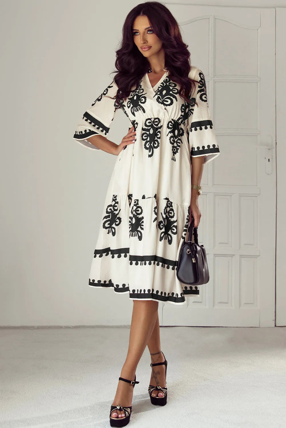 Beige Western Geometric Print 3/4 Sleeve Loose Midi Dress - Chic Meadow Boutique 