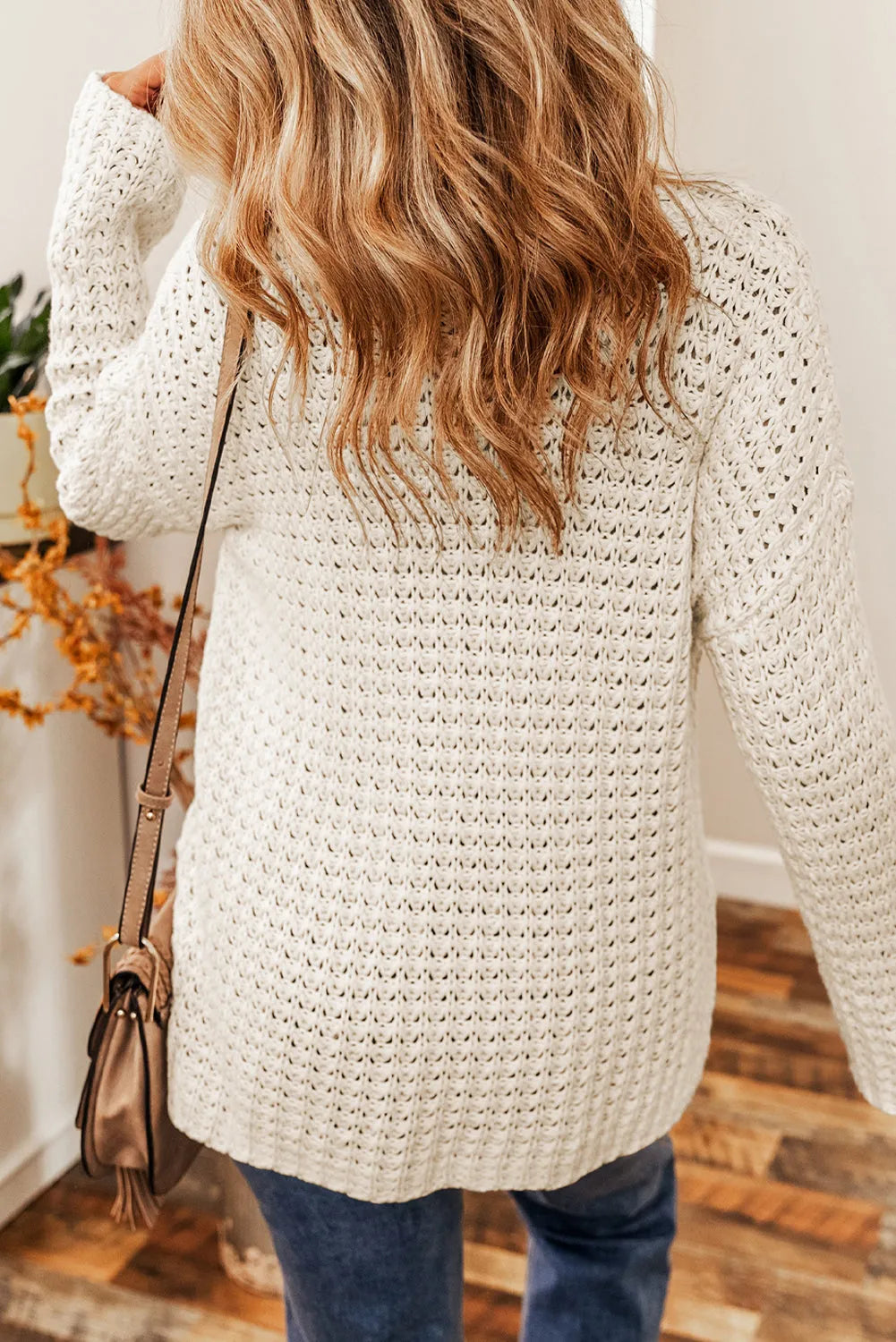 White Hollow-out Crochet V Neck Sweater - Chic Meadow Boutique 