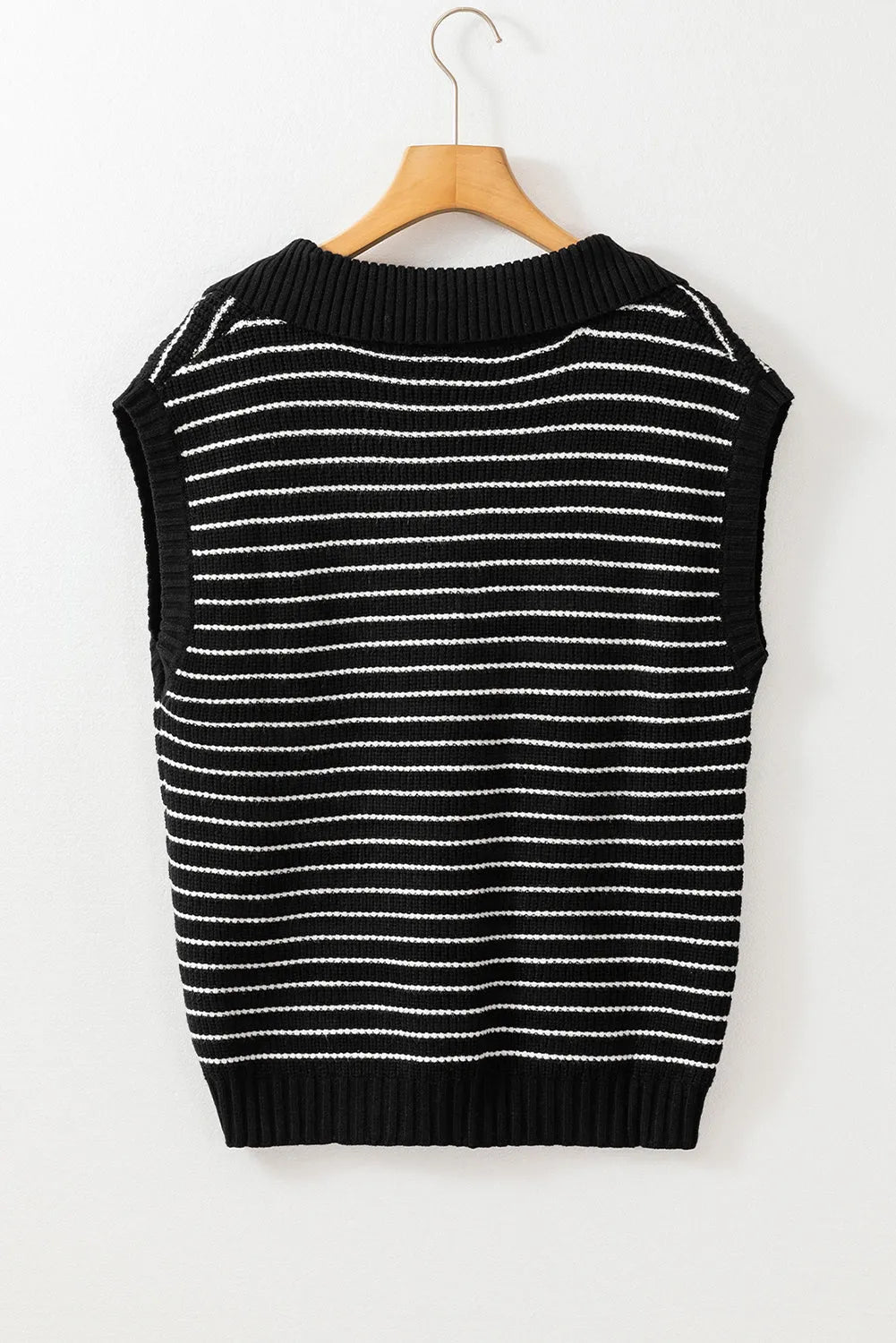 Black Stripe Turn-down V Neck Sweater Tank Top - Chic Meadow Boutique 