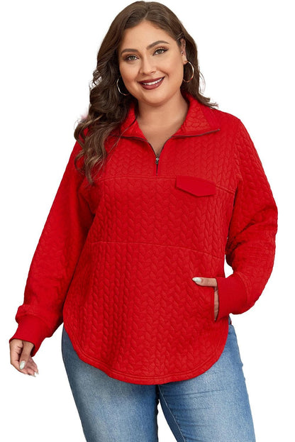 Plus Size/Plus Size Sweatshirts & Hoodies Tomato Red Cable Textured Quarter Zip Pocketed Plus Size Pullover