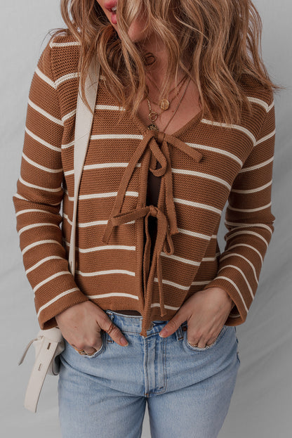 Chestnut Tie Front Striped Knit V Neck Cardigan Sweater