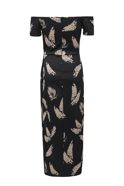 Black Pattern Print Off Shoulder Slit Bodycon Midi Dress - Chic Meadow Boutique 