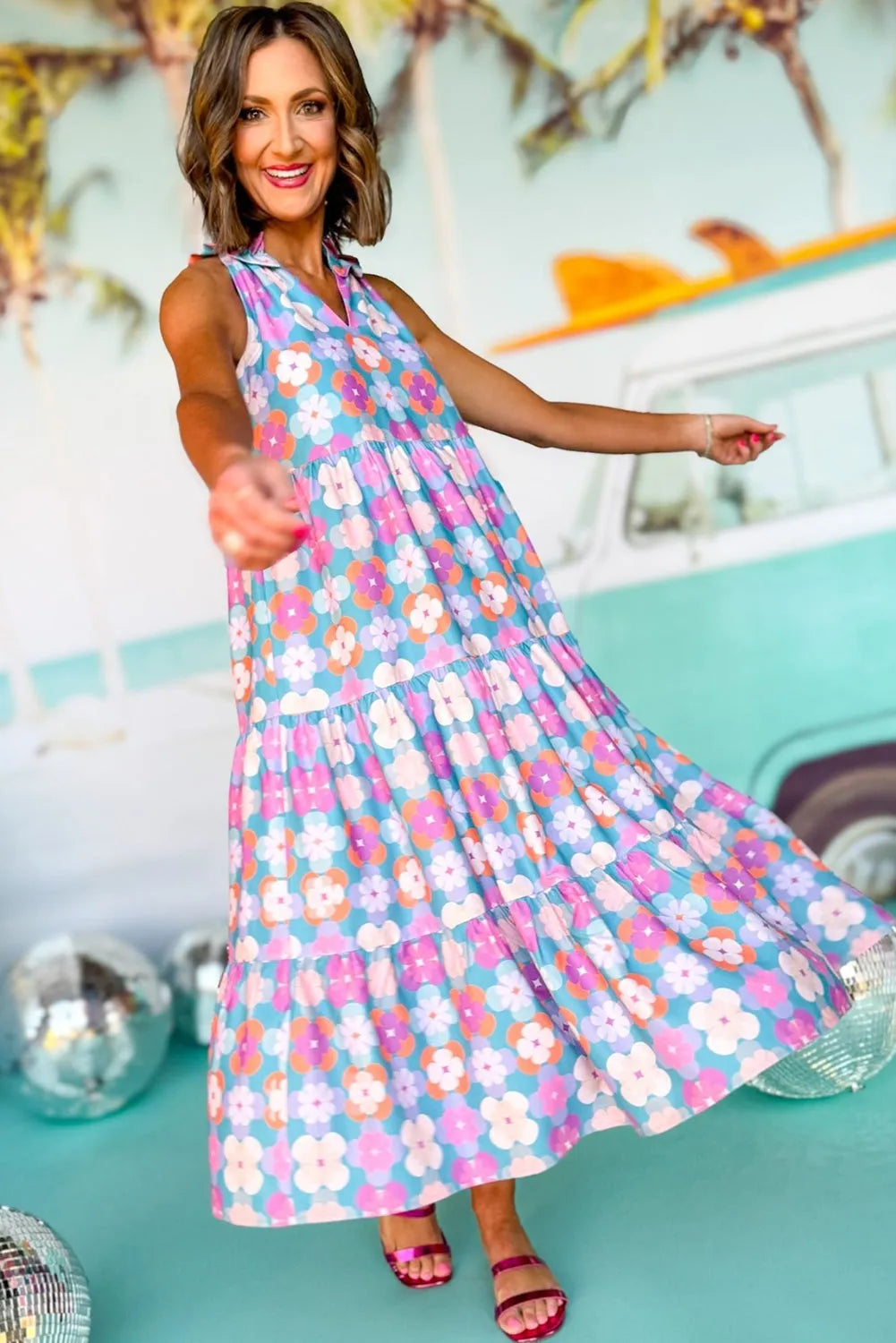 Sky Blue Floral Print Frilly Neck Sleeveless Tiered Maxi Dress - Chic Meadow Boutique 