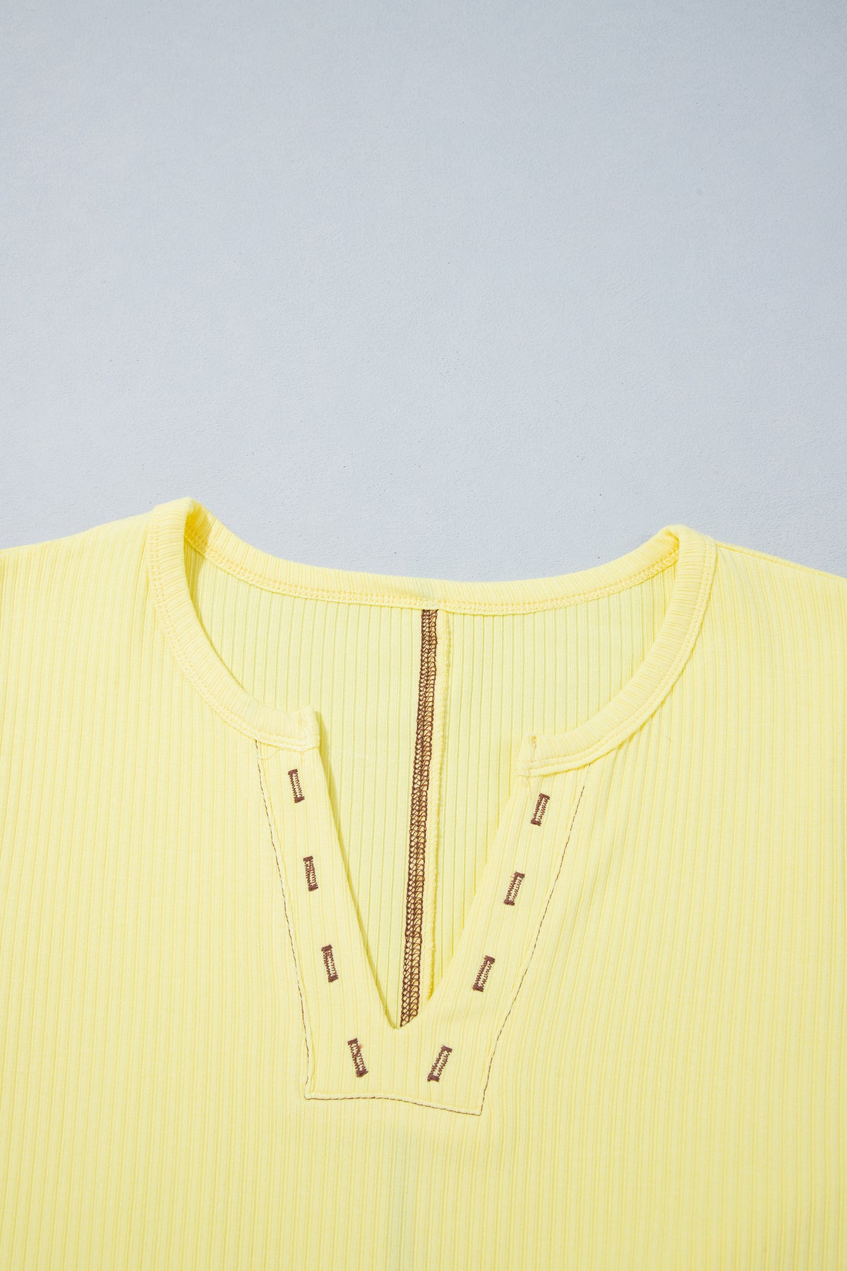 Banana Cream V Neck Ribbed Stitched Detail Long Sleeve Top