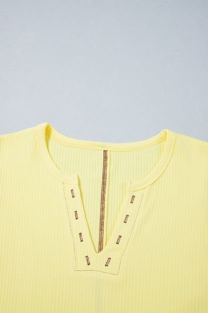 Banana Cream V Neck Ribbed Stitched Detail Long Sleeve Top
