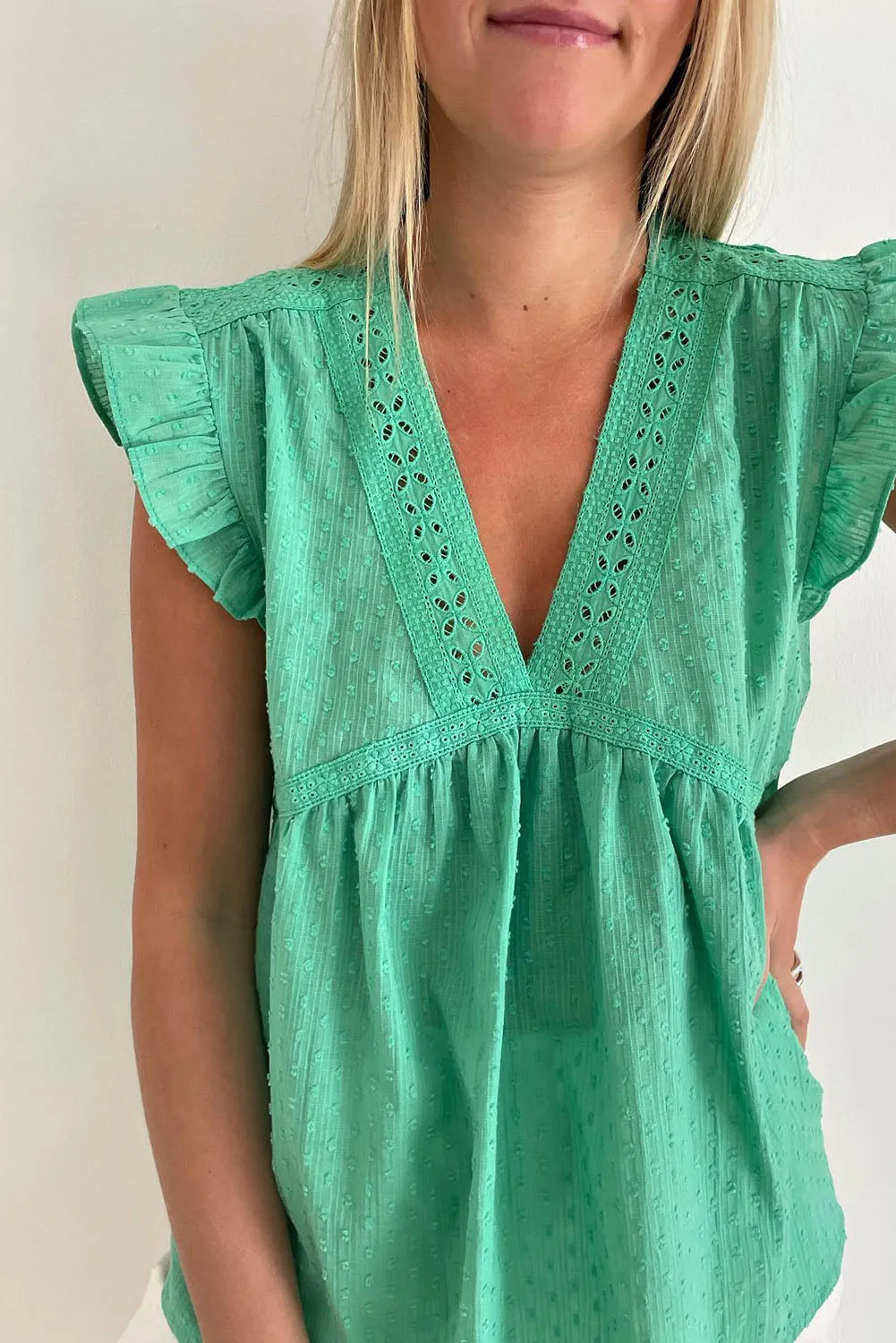 Green Eyelet V Neckline Ruffle Swiss Dot Top - Chic Meadow Boutique 