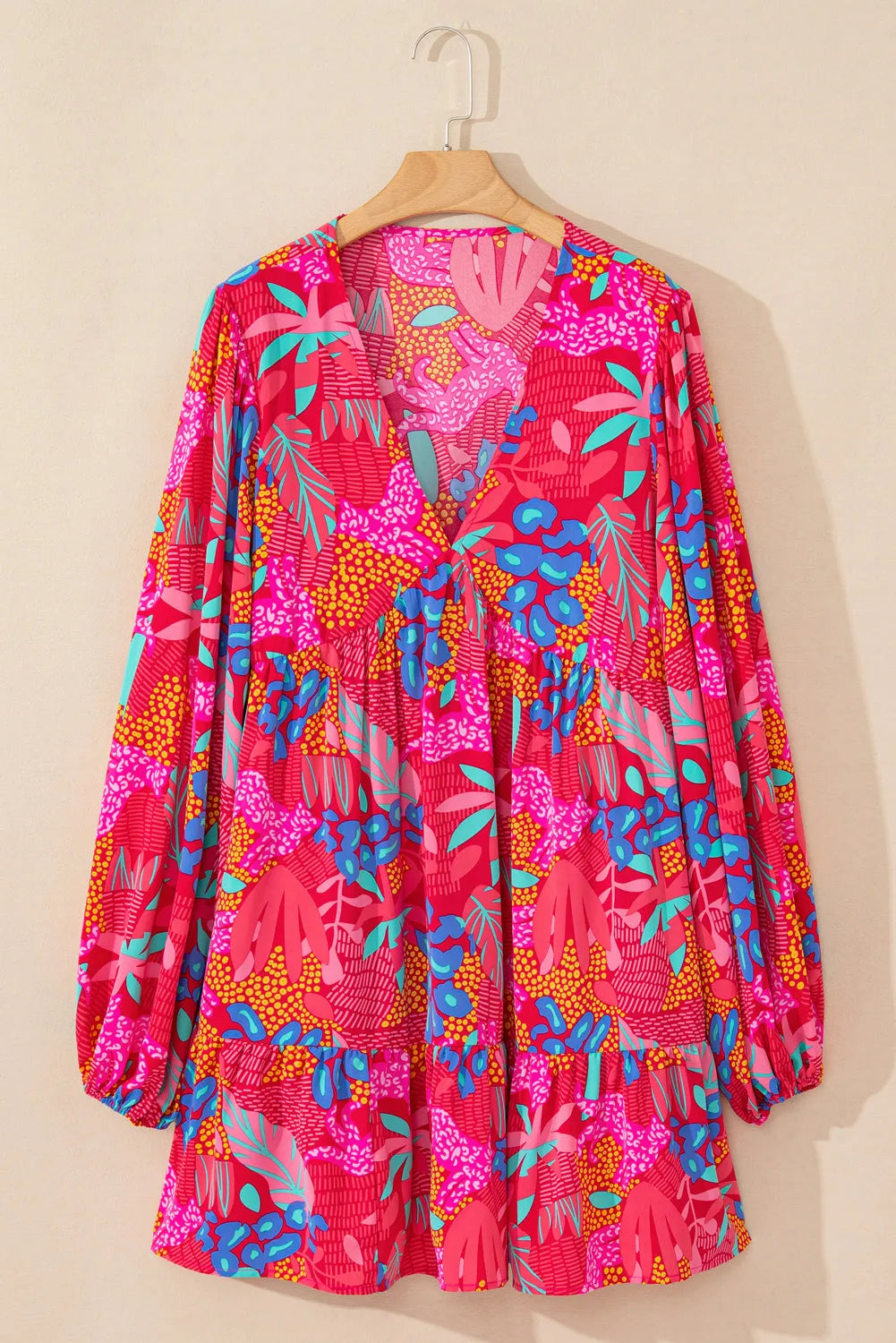 Rose Tropical Printed Lantern Sleeve V Neck Ruffled Plus Size Mini Dress - Chic Meadow Boutique 