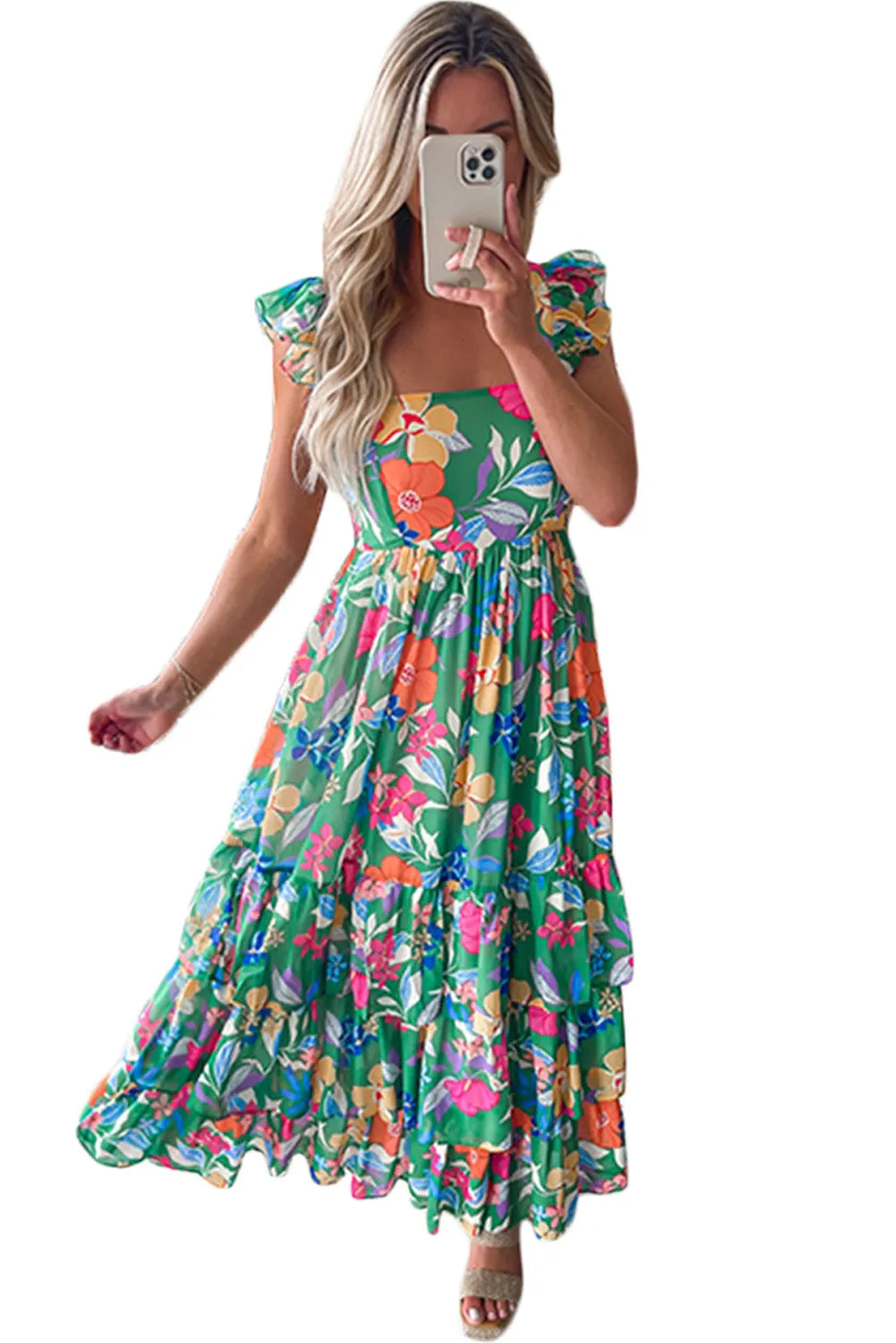 Green Floral Print Sleeveless Ruffle Tiered Maxi Dress - Chic Meadow Boutique 