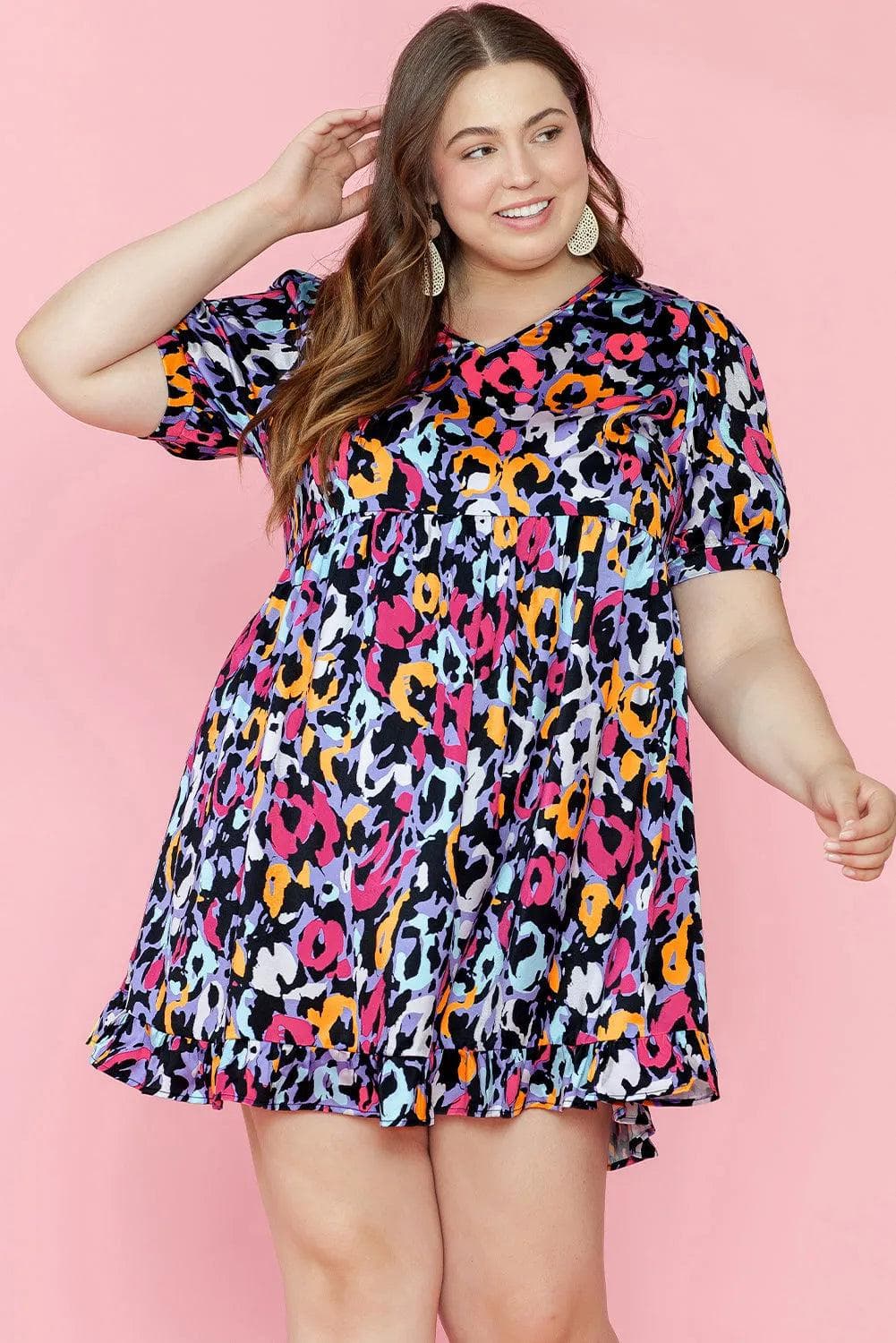 Plus Size/Plus Size Dresses/Plus Size Mini Dresses Purple Leopard Print Ruffled V Neck Plus Size Mini Dress