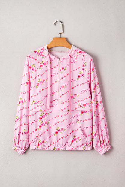 Pink Floral Print Half Zip Kangaroo Pouch Drawstring Hoodie