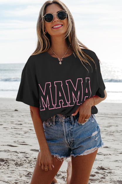 Black MAMA Letter Graphic Neon T Shirt