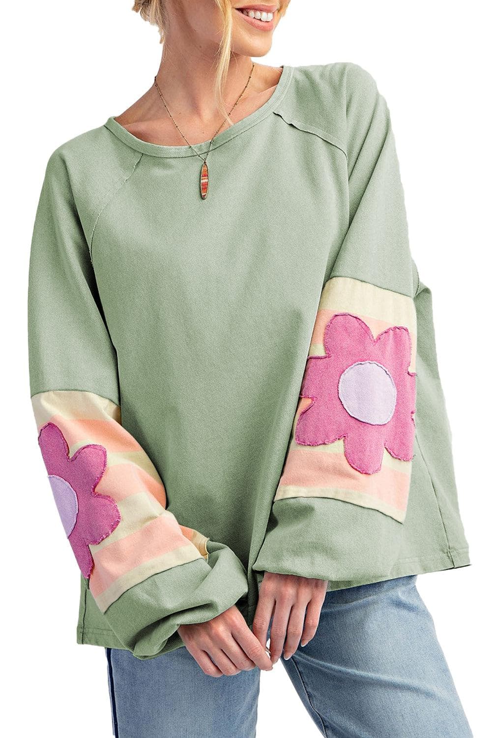 Tops/Long Sleeve Tops Smoke Green Flower Patchwork Raglan Sleeve Exposed Seam Oversized Top