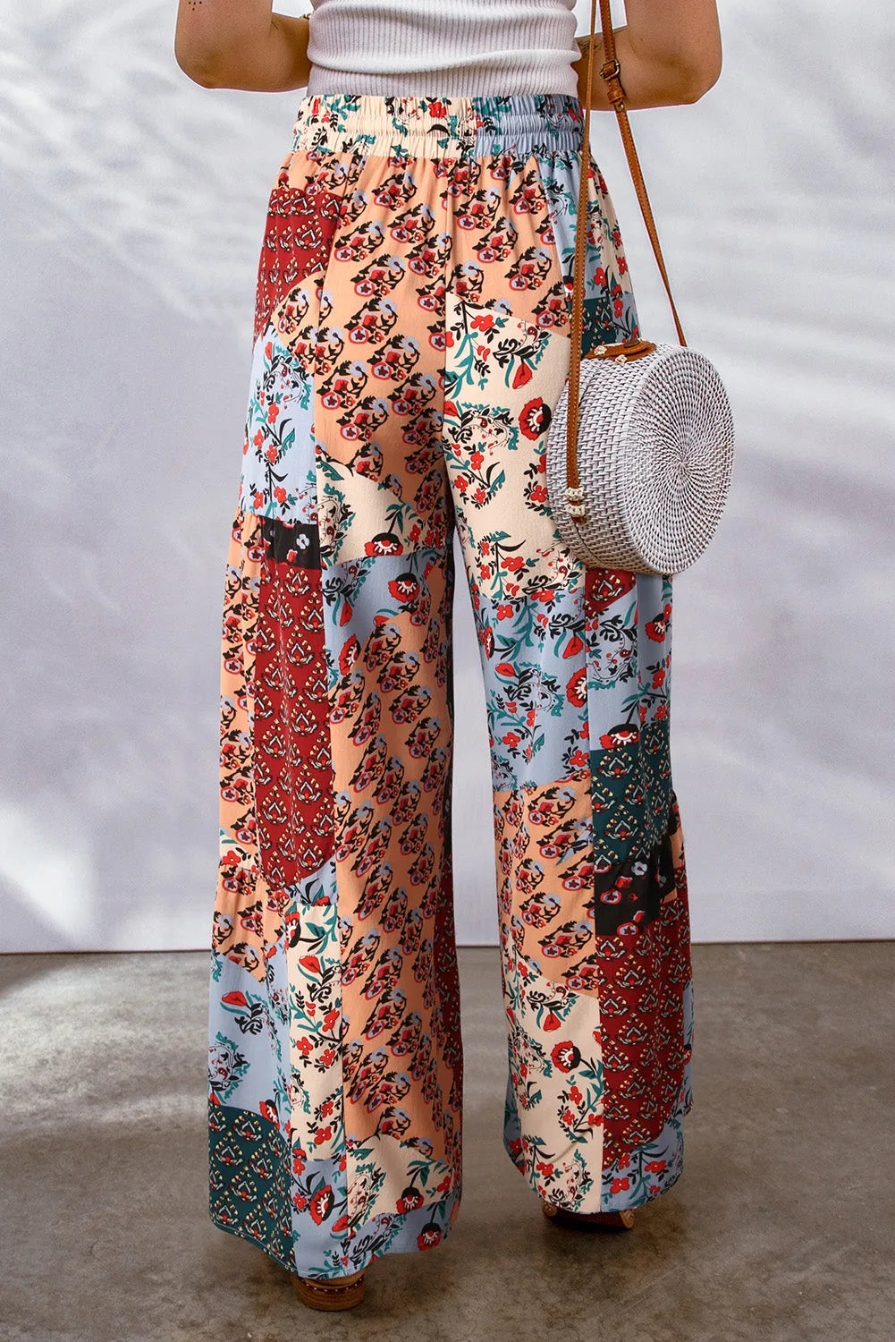 Multicolor Boho Patchwork Print Drawstring Wide Leg Pants - Chic Meadow Boutique 