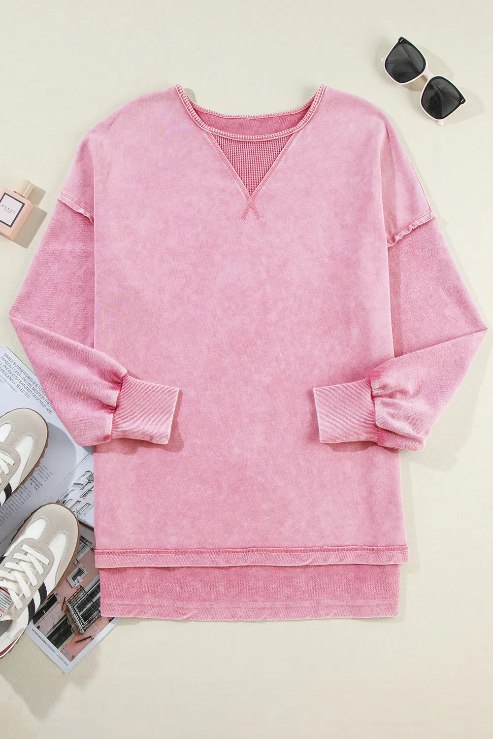 Strawberry Pink Mineral Wash Drop Shoulder Pullover Sweatshirt - Chic Meadow Boutique 