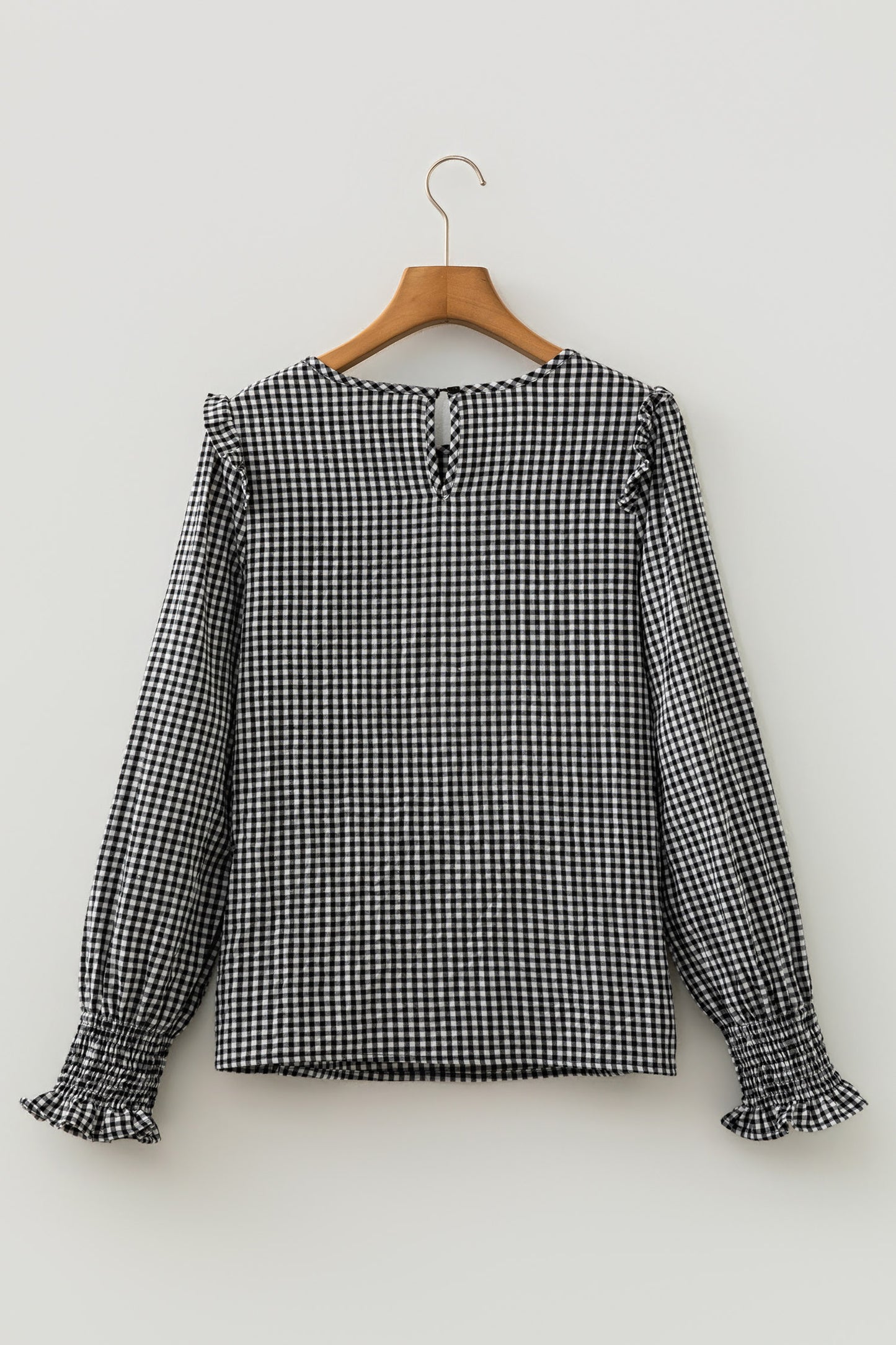 Black Plaid Shirred Cuff Long Sleeve Round Neck Blouse