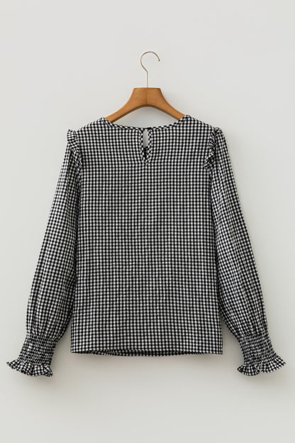 Black Plaid Shirred Cuff Long Sleeve Round Neck Blouse
