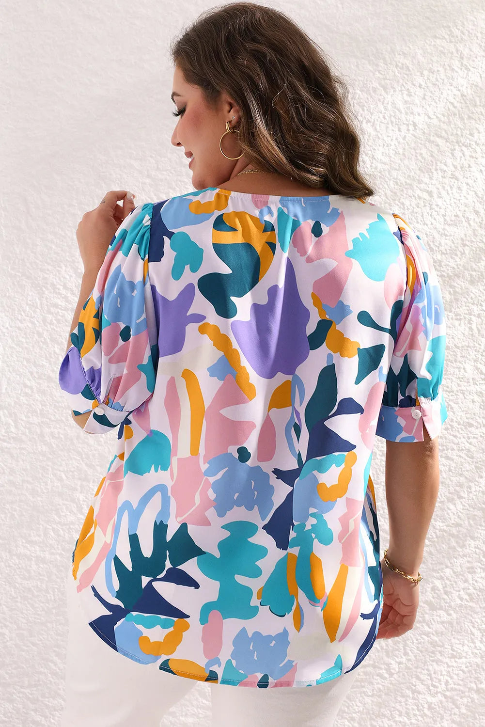 Sky Blue Plus Abstract Print Puff Short Sleeve V Neck Top - Chic Meadow Boutique 