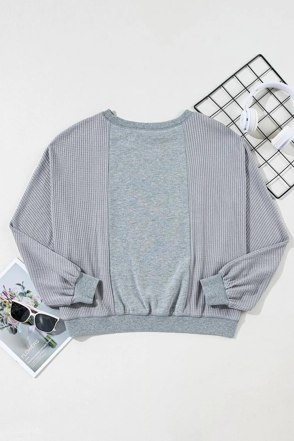 Light Grey Waffle Patchwork Long Sleeve Raw Hem Pullover Top - Chic Meadow Boutique 