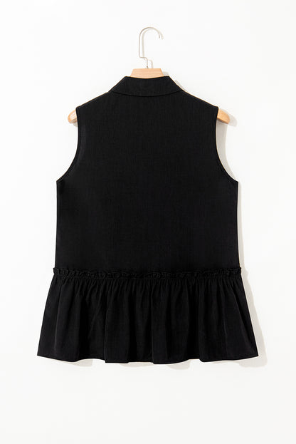 Black Sleeveless Buttoned Front Ruffle Hem Tunic Shirt