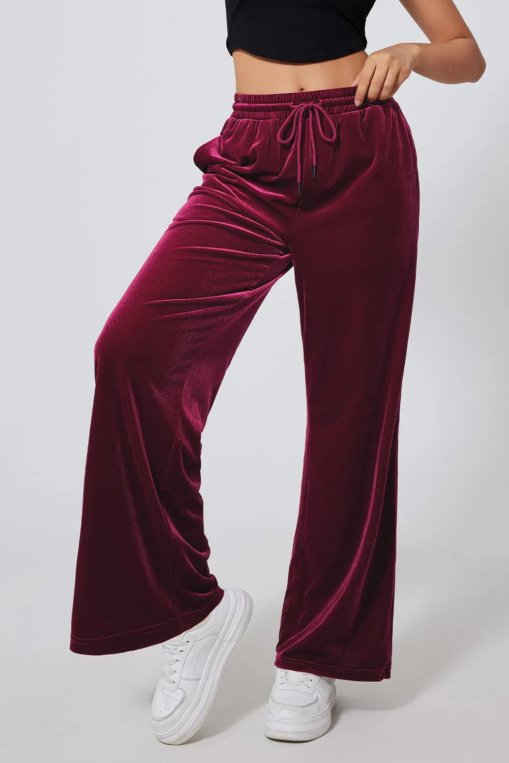 Burgundy Solid Drawstring Waist Wide Leg Pants - Chic Meadow Boutique 