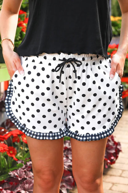 White Polka Dot Contrast Ruffle Trim Shorts
