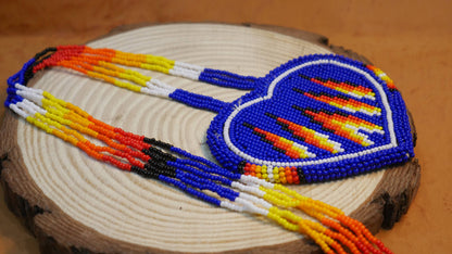 Native American Beaded Blue heart medallions Necklace