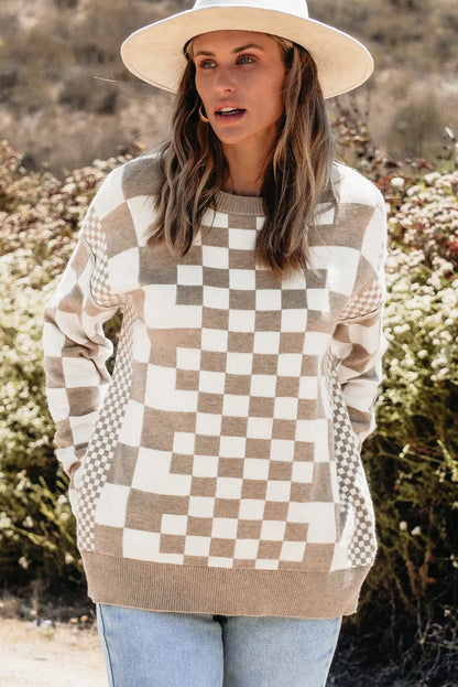 Khaki Checkered Print Drop Shoulder Round Neck Sweater - Chic Meadow Boutique 