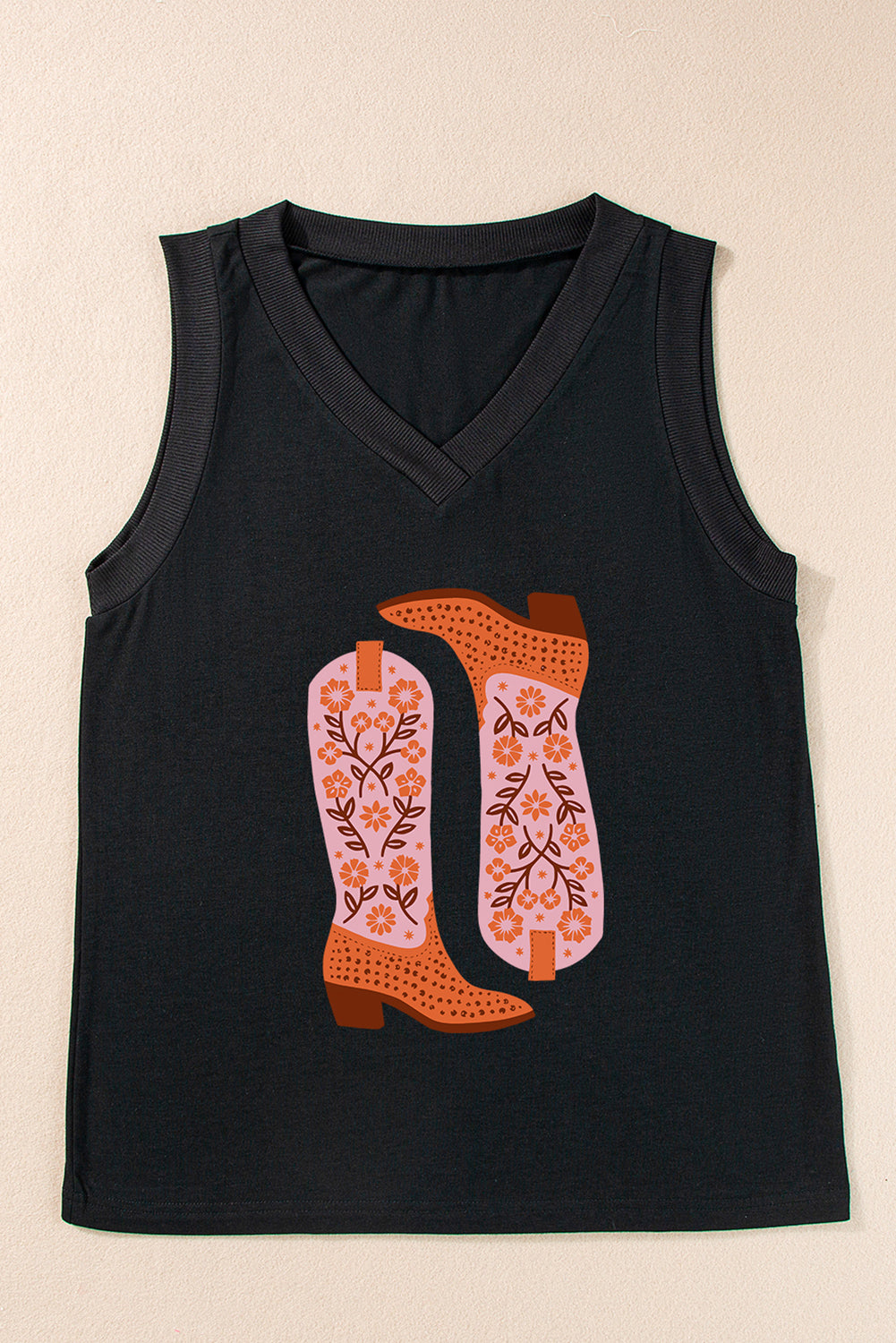 Black Cowgirl Floral Boots Printed Tank Top