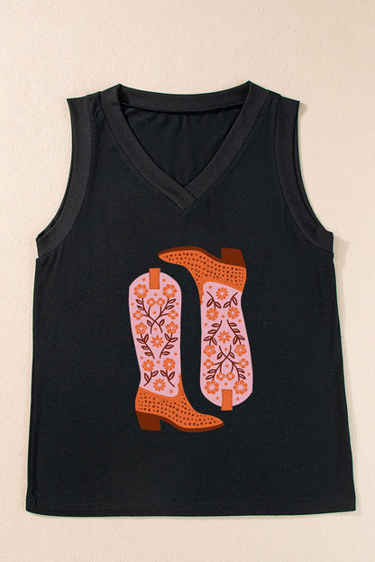 Black Cowgirl Floral Boots Printed Tank Top