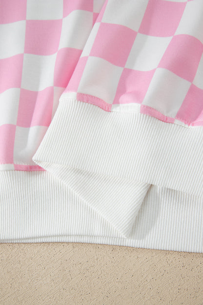 Pink Checkered Print Color Block Trim Mock Neck Short Set