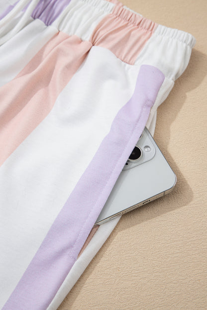 Purple Stripe Multicolored Print Drawstring Loose Pants with Side Pockets