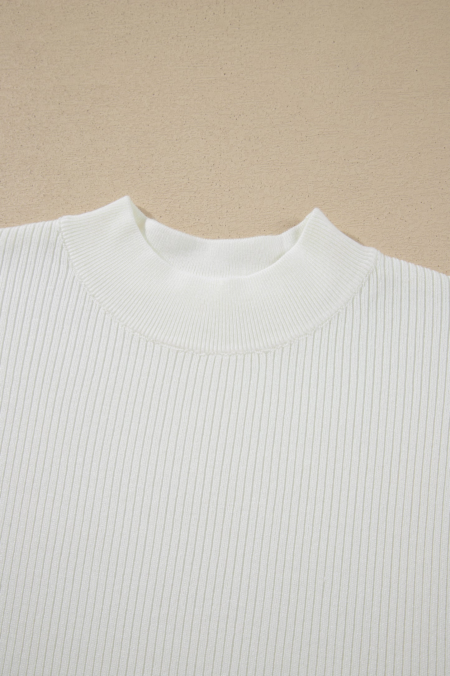 White Solid Color Ribbed Knit Mock Neck Loose Short Sleeve Sweater
