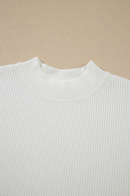 White Solid Color Ribbed Knit Mock Neck Loose Short Sleeve Sweater